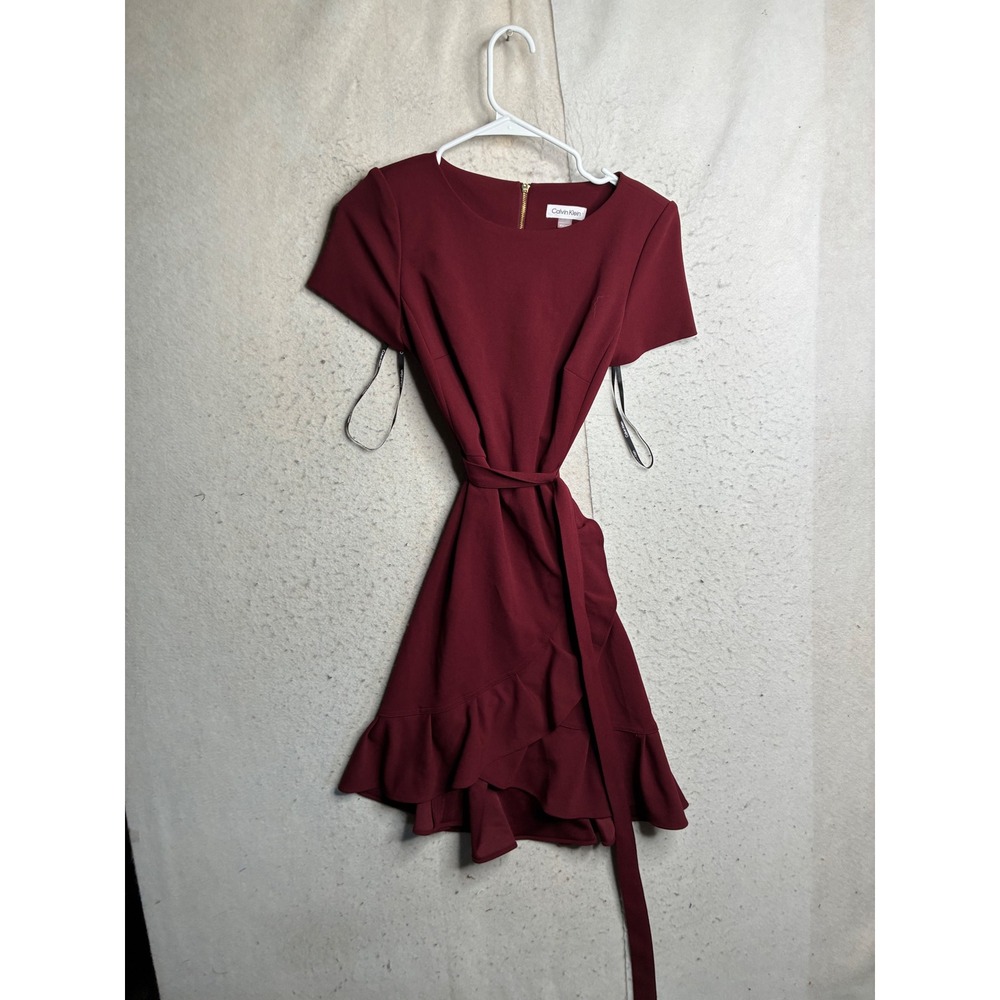 Calvin Klein Womens Burgundy Ruffle Faux Wrap Sheath Dress 6P Red Short Sleeve